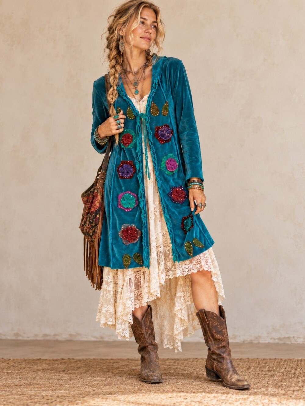 Vintage Leopards & Roses Boho Floral Jacket Size M/L Tie Front Teal Blue Y2K